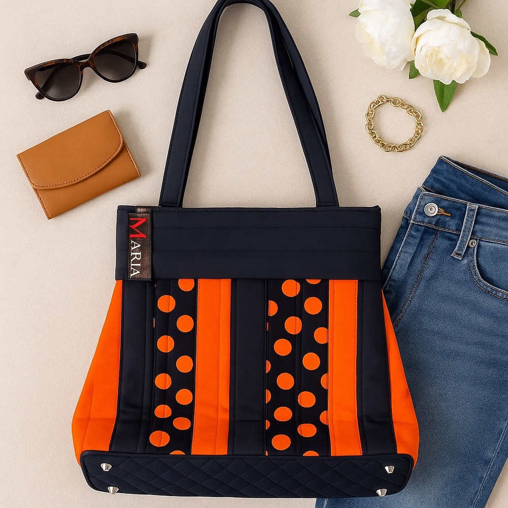 NEW Maria Signature Quilted Tote Bag‎ Orange Black Polka Dot Panel Design purse